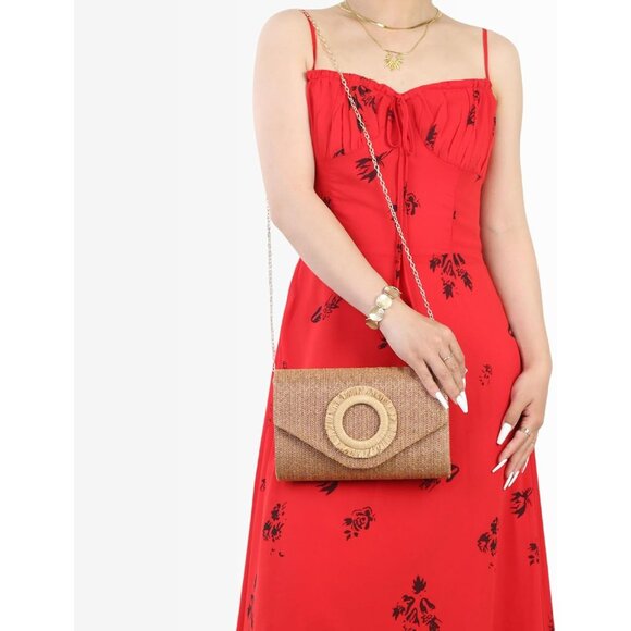 Women's Tan Summer Woven Beach Bag Envelope Evening Handbags Straw Clutch - Picture 5 of 6